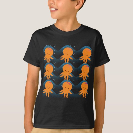Oranje inktpatroon en blauw golven t-shirt (Voorkant)