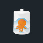 Oranje inktpatroon en blauw golven theepot<br><div class="desc">Een schattig octopus-cartoon en blauw-golvenpatroon. Ontwerp met textuur die op afbeelding wordt toegepast. Decoratief idee voor kinderen.</div>