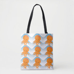 Oranje inktpatroon en blauw golven tote bag
