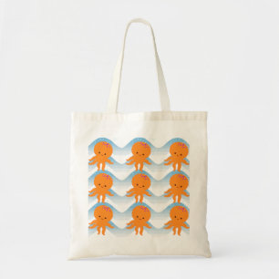 Oranje inktpatroon en blauw golven tote bag