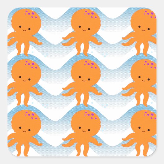 Oranje inktpatroon en blauw golven vierkante sticker (Voorkant)