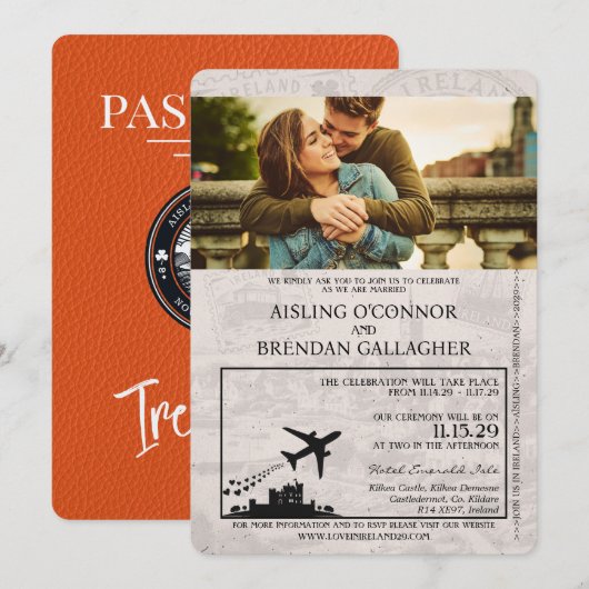 Oranje Ireland Passport Wedding Invitation Kaart (Voorkant / Achterkant)