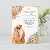 Oranje Ivoor Bloemen Anand Karaj Sikh Bruiloft Kaart (Staand voorkant)