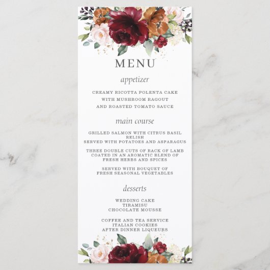 Oranje Ivoor Bourgondië Floral Wedding Menu (Voorkant)