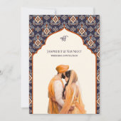 Oranje Ivoor Ikat Punjabi Anand Karaj Sikh Bruilof Kaart (Voorkant)