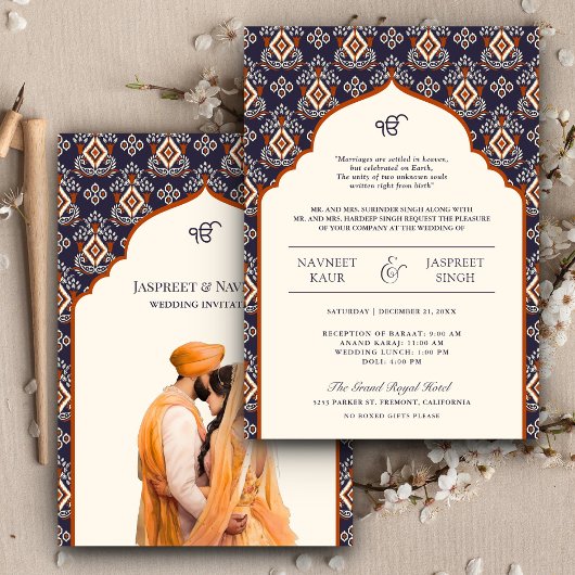 Oranje Ivoor Ikat Punjabi Anand Karaj Sikh Bruilof Kaart