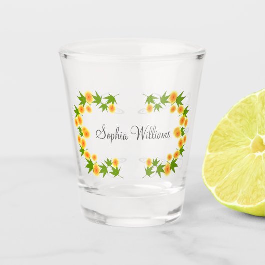 Oranje japanse bloemen shot glas (Voorkant)