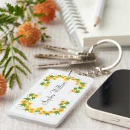 Oranje japanse bloemetjes wit sleutelhanger