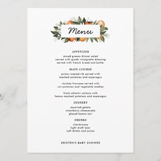 Oranje Kaarten van het menu Citrus-tabel (Voorkant)