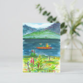 Oranje Kajak Mountain Lake Waterverf Briefkaart (Staand voorkant)