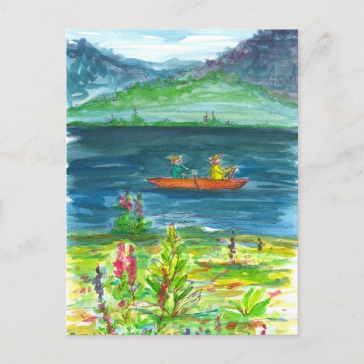 Oranje Kajak Mountain Lake Waterverf Briefkaart (Voorkant)