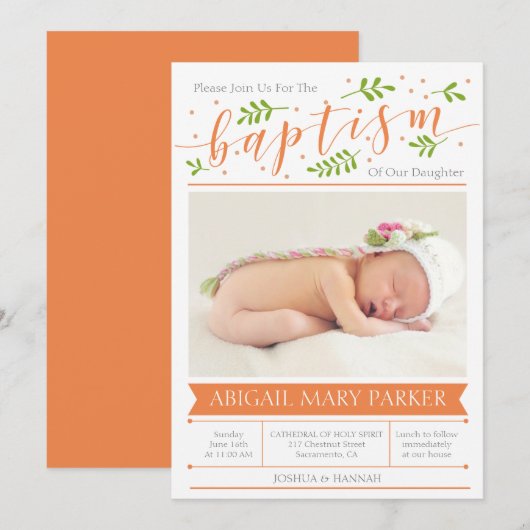Oranje kalligrafie Baptism Photo Invitation Card Kaart (Voorkant / Achterkant)
