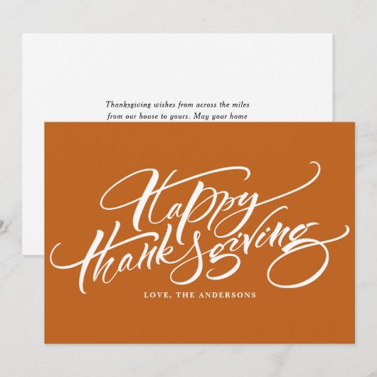 Oranje kalligrafie Happy Thanksgiving Feestdagenkaart (Voorkant / Achterkant)