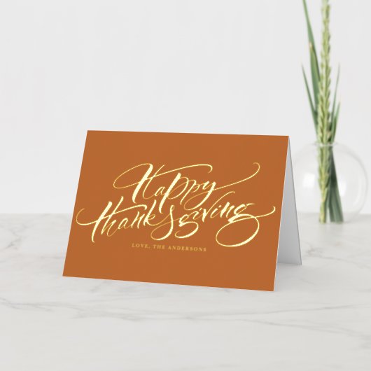 Oranje kalligrafie Happy Thanksgiving Folie Wenskaart (Voorkant)