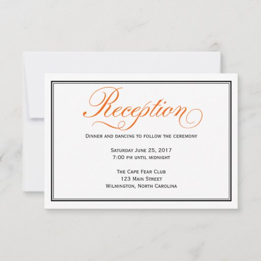 Oranje kalligrafie schrift bruiloftsreceptiekaart kaart (Voorkant)