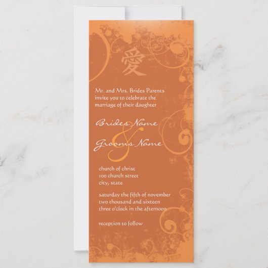 Oranje Kanji Love Swirl Wedding Kaart (Voorkant)