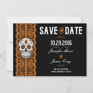 Oranje Kanten Suiker Schedel Save the Dates 4.5x6. Date