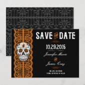 Oranje Kanten Suiker Schedel Save the Dates 4.5x6. Date (Voorkant / Achterkant)