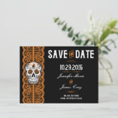 Oranje Kanten Suiker Schedel Save the Dates 4.5x6. Date (Staand voorkant)