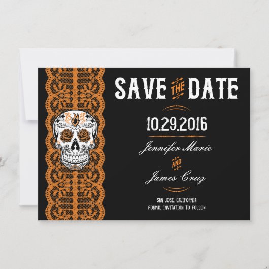 Oranje Kanten Suiker Schedel Save the Dates 4.5x6. Date (Voorkant)