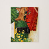 Oranje kat, boek, bijen en orchideeën legpuzzel (Verticaal)