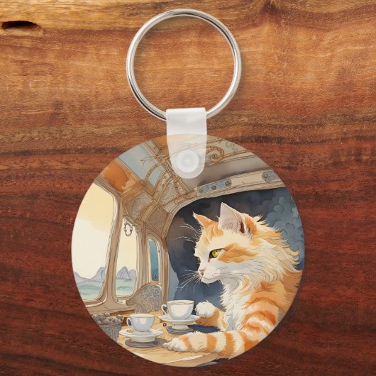 Oranje kat Drink thee Sleutelhanger (Voorkant)