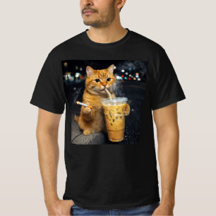 oranje kat drinkend ijsgekoelde koffie rokend siga t-shirt