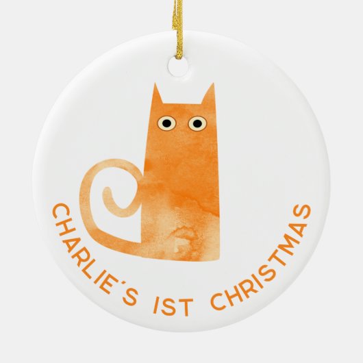 Oranje kat eerste kerst gepersonaliseerd keramisch ornament (Achterkant)