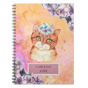 Oranje kat en Violet Flowers Meisjes dagelijkse no Notitieboek