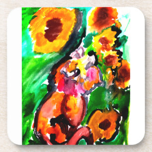 Oranje Kat en zonnebloemen  Bier Onderzetter