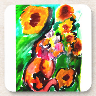 Oranje Kat en zonnebloemen Bier Onderzetter