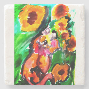 Oranje Kat en zonnebloemen Stenen Onderzetter