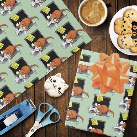 Oranje Kat Grappige Laptop Groen Werk Thuis Cadeaupapier