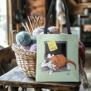 Oranje Kat Grappige Laptop Groen Werk Thuis Tote Bag