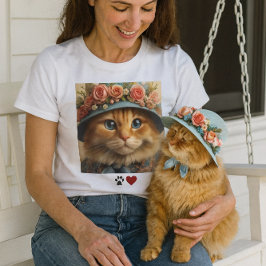Oranje Kat in Blauwe Hoed met Bloemen Kat Liefheb T-shirt