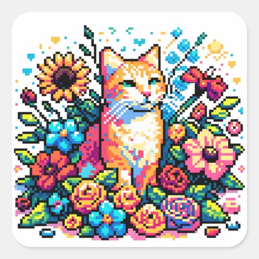 Oranje kat in bloemen Pixel Art Vierkante Sticker (Voorkant)