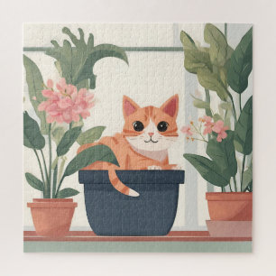 Oranje kat in een bloempot legpuzzel