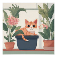 Oranje kat in een bloempot