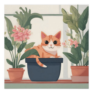 Oranje kat in een bloempot perfect poster
