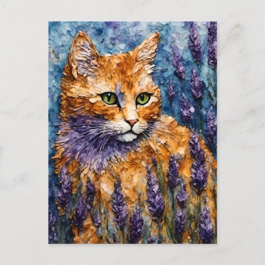 oranje kat in een lavendelveld  briefkaart (Voorkant)