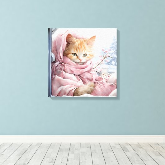 Oranje kat in een raam canvas afdruk (Insitu (Houten vloer))