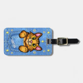 Oranje kat in Faux Denim Pocket met aangepaste naa Bagagelabel (Voorkant horizontaal)