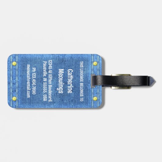 Oranje kat in Faux Denim Pocket met aangepaste naa Bagagelabel (Achterkant horizontaal)