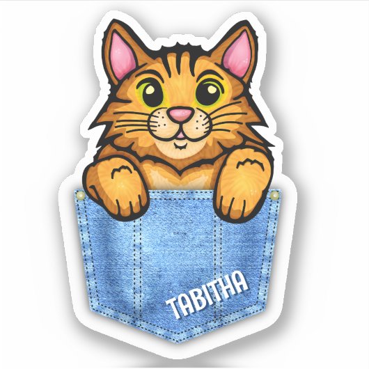 Oranje Kat in Nep Denim Zak met Aangepaste Naam Sticker (Voorkant)