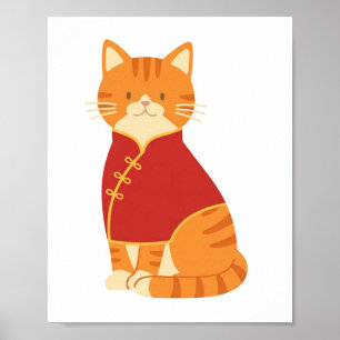 Oranje Kat in Rode Qipao Jurk Poster