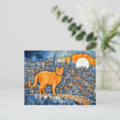 Oranje kat in Urban Sunset Waterverf Briefkaart (Staand voorkant)