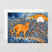Oranje kat in Urban Sunset Waterverf Briefkaart (Voorkant / Achterkant)