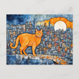 Oranje kat in Urban Sunset Waterverf Briefkaart