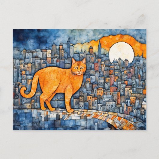 Oranje kat in Urban Sunset Waterverf Briefkaart (Voorkant)