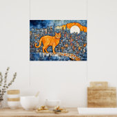 Oranje kat in Urban Sunset Waterverf Poster (Keuken)